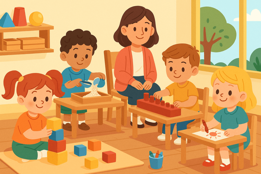Cartoon-style preschool illustration with children learning through Montessori activities in a nurturing Beckenham setting